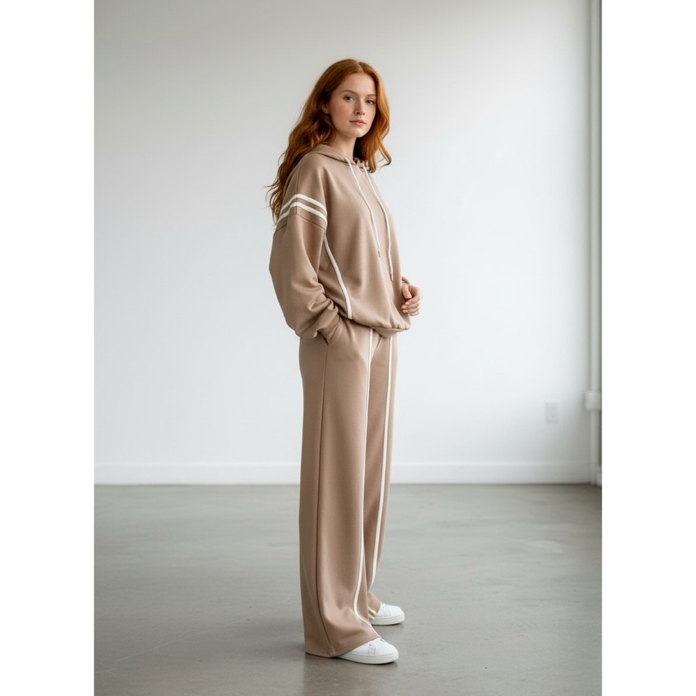 1218 • Taupe White Stripe Scuba Wide Leg Hooded Tracksuit